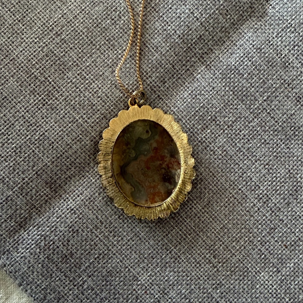 Jasper Agate Stone Pendant Gold Tone Vintage Style - Picture 6 of 8